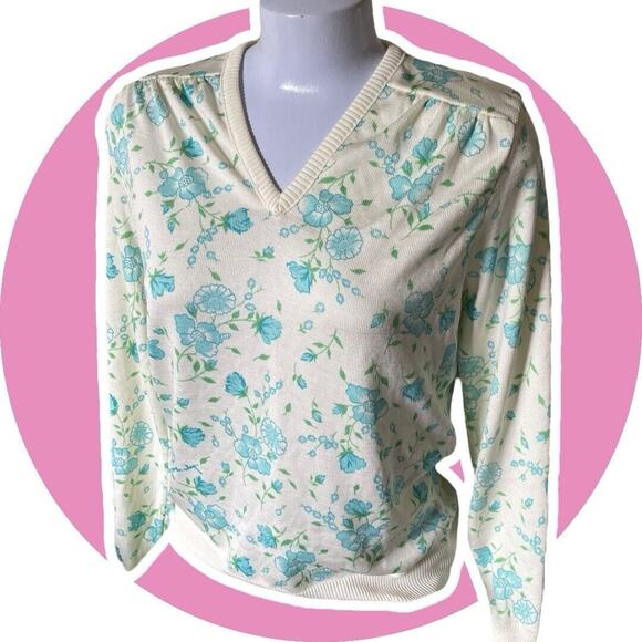 Givenchy Sport Vintage 70s Women’s Spring Cream Sweater Sz L Aqua Flower - Picture 1 of 9